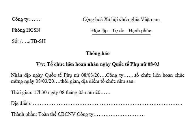 Mẫu thông báo tổ chức ngày 8 3 cho công ty?