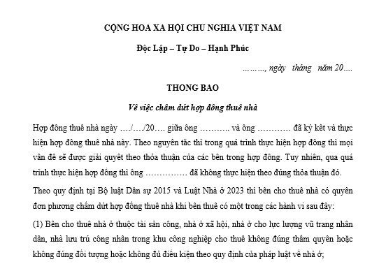 Mẫu thông báo đơn phương chấm dứt hợp đồng thuê nhà dành cho chủ nhà