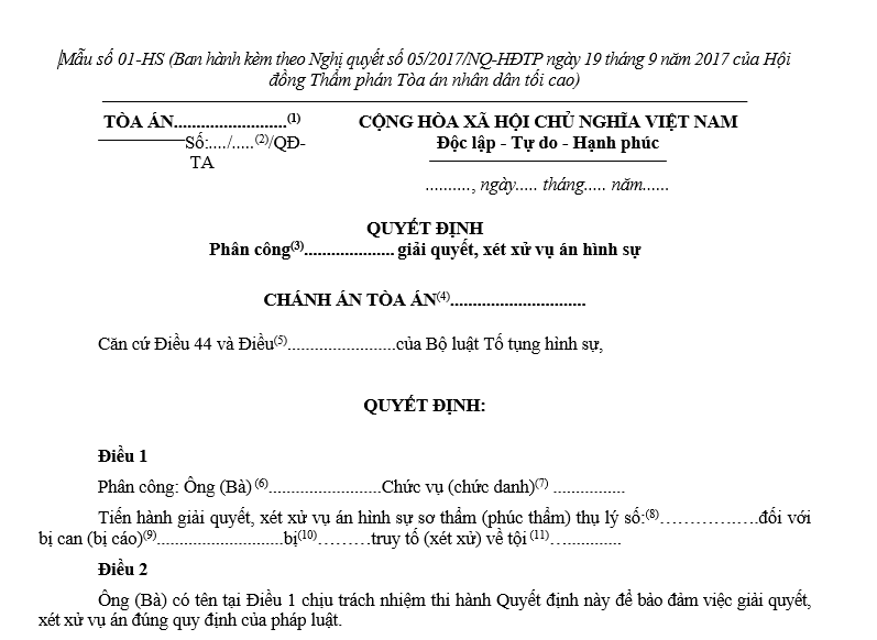 mẫu quyết định phân công Phó Chánh án Tòa án, Thẩm phán, Hội thẩm giải quyết, xét xử vụ án hình sự