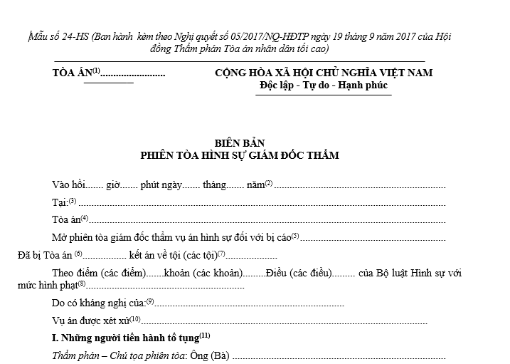 Mẫu Biên bản phiên tòa hình sự giám đốc thẩm