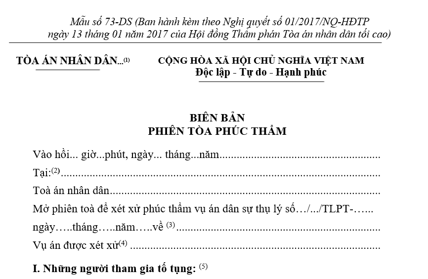 Mẫu biên bản phiên tòa dân sự phúc thẩm