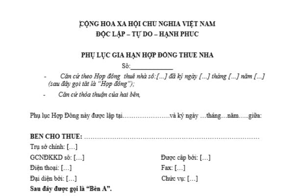 mẫu phụ lục gia hạn hợp đồng thuê nhà