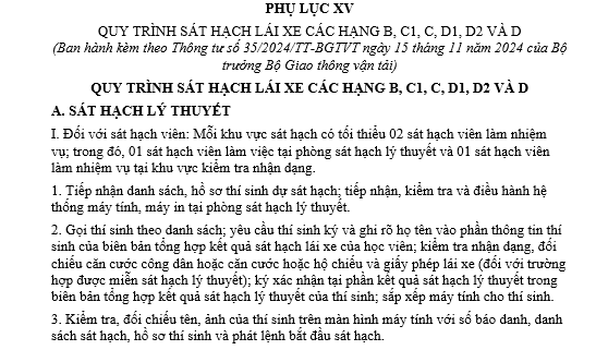 Mẫu quy trình sát hạch lái xe các hạng B, C1, C, D1, D2 và D