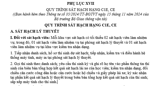 Mẫu quy trình sát hạch lái xe hạng C1E, CE