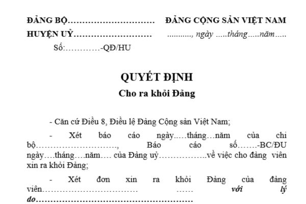 Mẫu quyết định cho đảng viên ra khỏi Đảng