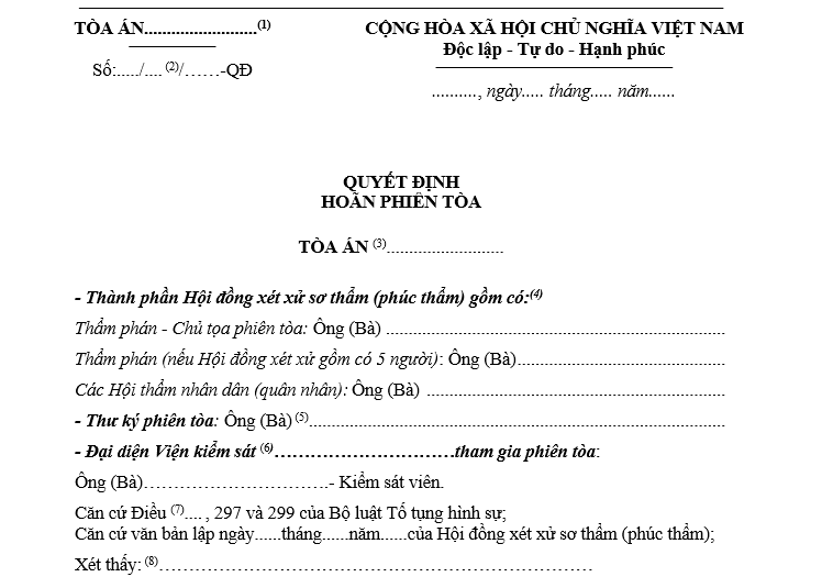 Mẫu quyết định hoãn phiên tòa hình sự dùng cho Hội đồng xét xử