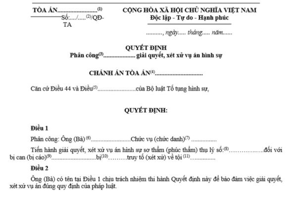 Mẫu quyết định phân công Phó Chánh án Tòa án giải quyết, xét xử vụ án hình sự