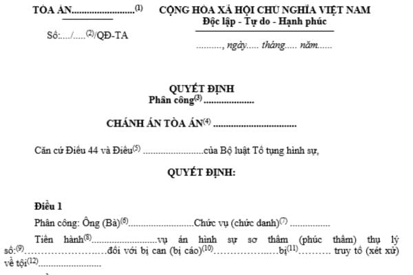 mẫu quyết định phân công Thẩm tra viên thẩm tra vụ án hình sự