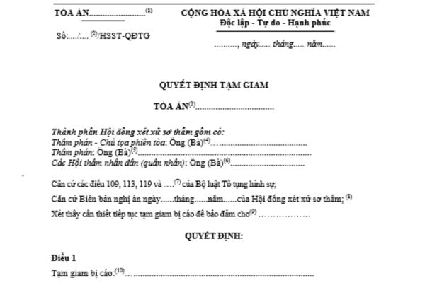 mẫu quyết định tạm giam áp dụng tại phiên tòa sơ thẩm hoặc khi kết thúc phiên tòa sơ thẩm đối với bị cáo đang bị tạm giam