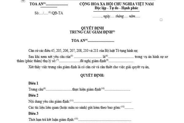 Mẫu quyết định trưng cầu giám định (dùng cho Thẩm phán được phân công giải quyết vụ án khi có yêu cầu)