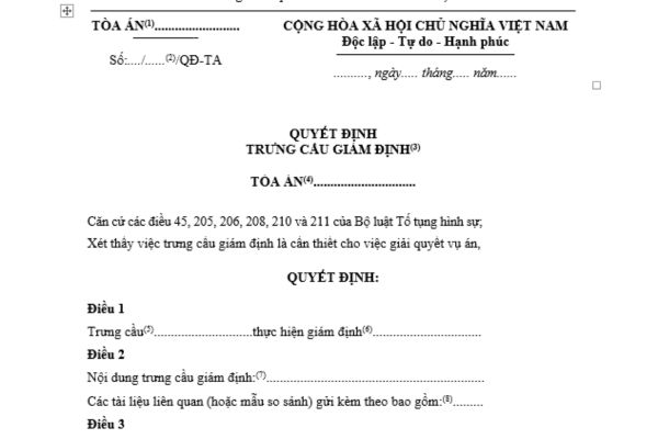 Mẫu quyết định trưng cầu giám định (dùng cho Thẩm phán được phân công giải quyết vụ án khi xét thấy cần thiết)