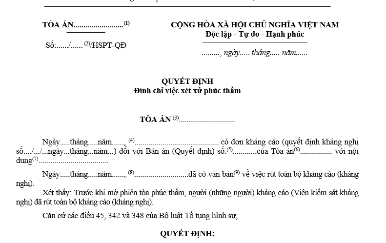 Mẫu quyết định đình chỉ xét xử phúc thẩm vụ án hình sự dùng cho Thẩm phán chủ tọa phiên tòa