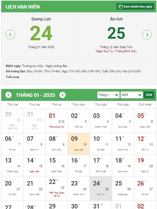 Lịch ngày 25 tháng 12 âm lịch