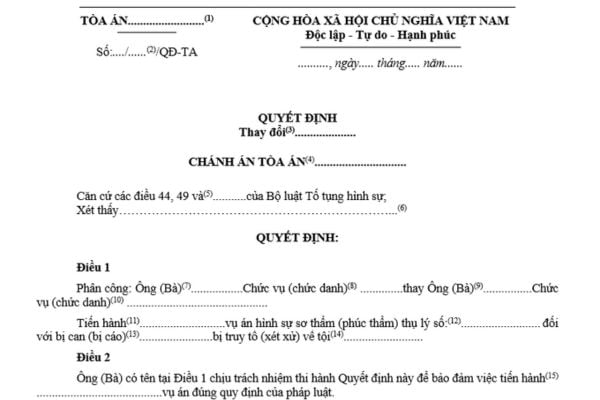 Mẫu quyết định thay đổi thư ký trước khi mở phiên Toà hình sự là mẫu nào? Tải mẫu và hướng dẫn viết?