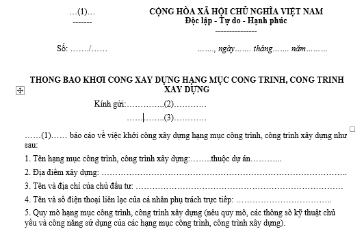 Mẫu thông báo khởi công xây dựng nhà ở riêng lẻ