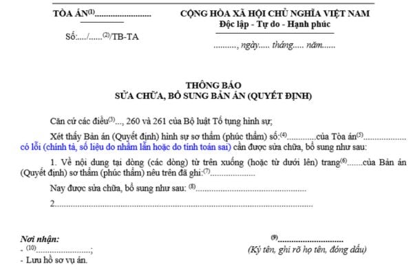 Mẫu thông báo sửa chữa, bổ sung bản án hình sự