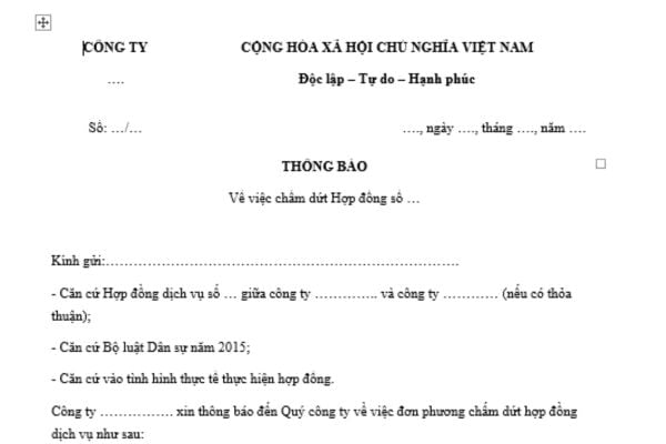 Mẫu Công văn thông báo chấm dứt hợp đồng dịch vụ