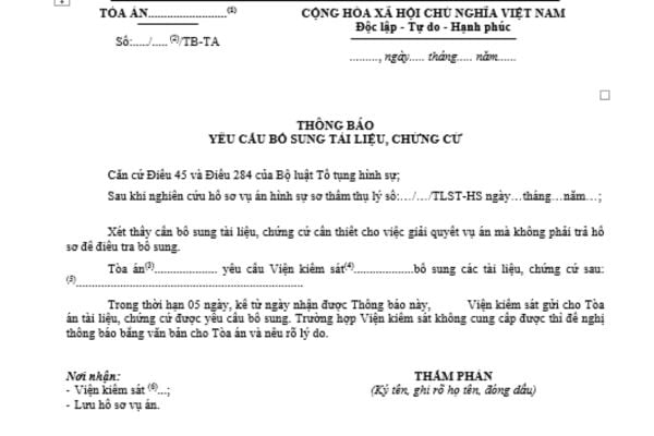 Mẫu thông báo yêu cầu bổ sung tài liệu, chứng cứ trong tố tụng hình sự