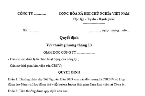 Quyết định thưởng lương tháng 13