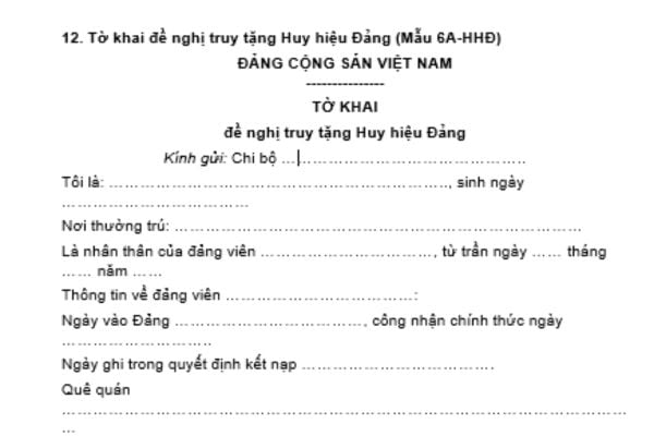 Mẫu tờ khai đề nghị truy tặng Huy hiệu Đảng