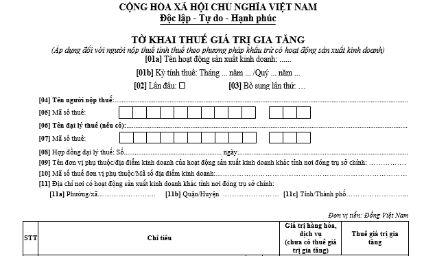 mẫu tờ khai thuế GTGT