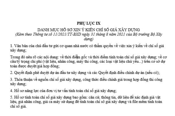 Danh mục hồ sơ xin ý kiến chỉ số giá xây dựng