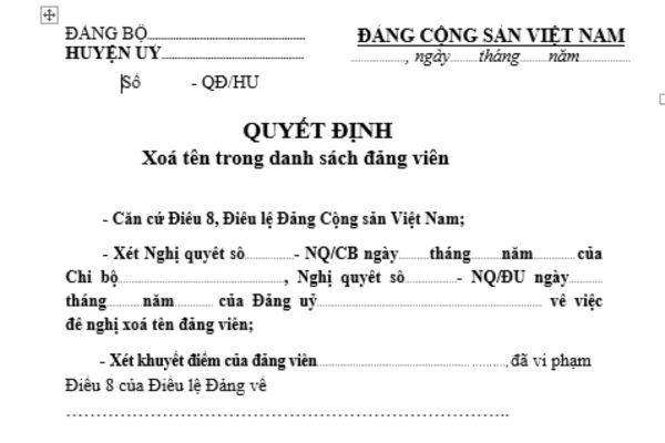 Quyết định xóa tên trong danh sách đảng viên