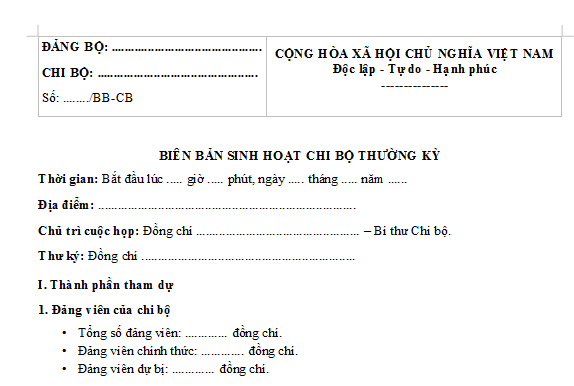 Mẫu biên bản sinh hoạt chi bộ thôn tổ dân phố thường kỳ mới nhất 2026