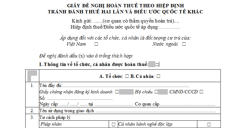 Mẫu 02/HT Giấy đề nghị hoàn thuế theo hiệp định tránh đánh thuế hai lần