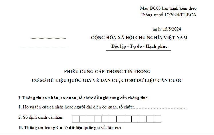 Mẫu phiếu cung cấp thông tin trong Cơ sở dữ liệu quốc gia về dân cư, Cơ sở dữ liệu căn cước 