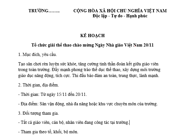 Mẫu kế hoạch tổ chức giải thể thao chào mừng ngày Nhà giáo Việt Nam 20 tháng 11 dành cho giáo viên tại trường học các cấp? 
