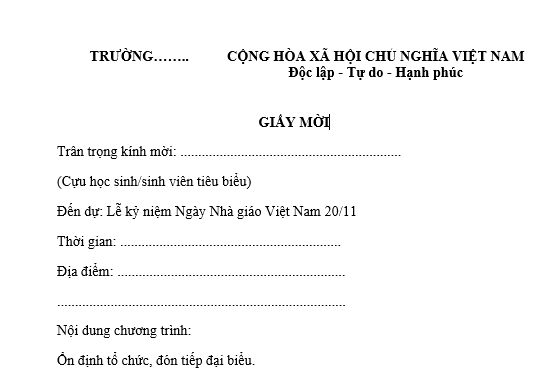 Mẫu giấy mời dự Lễ kỷ niệm ngày Nhà giáo Việt Nam 20 tháng 11 gửi cựu học sinh, sinh viên tiêu biểu? Tải mẫu? 