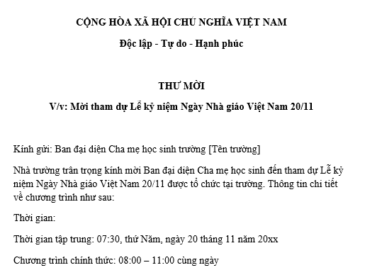 Mẫu Thư mời tham dự lễ kỷ niệm Ngày Nhà giáo Việt Nam 20/11 tại trường gửi Ban đại diện cha mẹ học sinh? Tải mẫu?