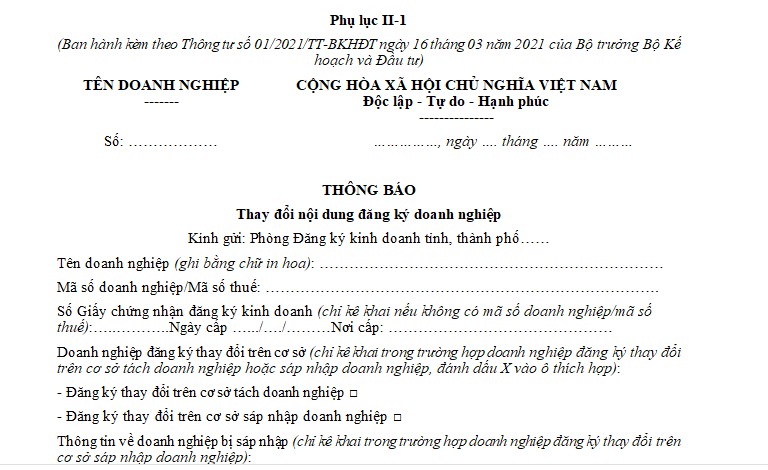 Mẫu Thông báo thay đổi thành viên công ty TNHH 2 thành viên trở lên do tiếp nhận thành viên mới hiện nay