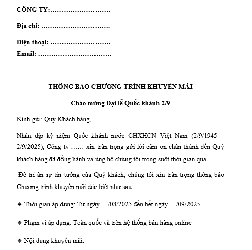 Mẫu thông báo chương trình khuyến mãi chào mừng đại lễ 2 9 đến khách hàng