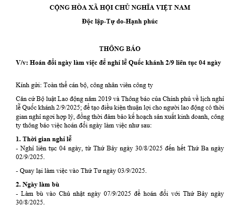 Mẫu thông báo hoán đổi ngày làm việc để nghỉ lễ 2 9 ngày liên tục 4 ngày dành cho người lao động làm thứ 7