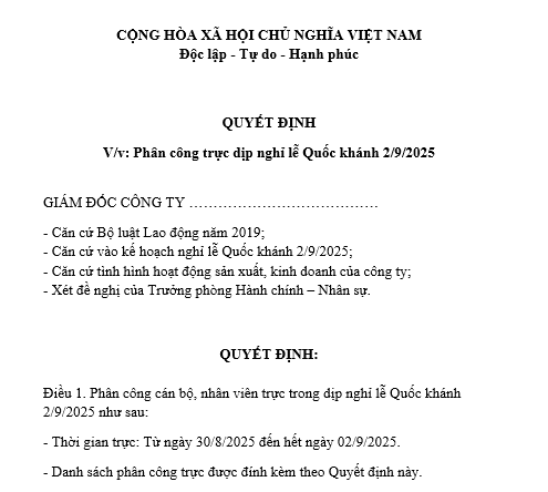 Mẫu Quyết định phân công trực dịp nghỉ lễ 2 9 dành cho doanh nghiệp