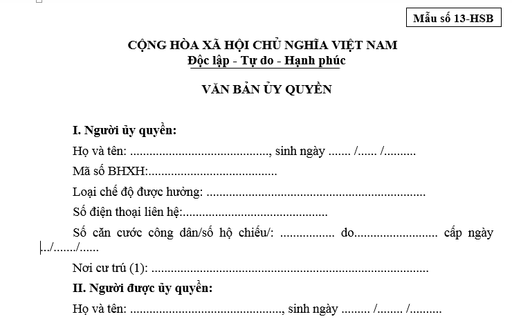Mẫu giấy ủy quyền nhận lương hưu (mẫu số 13 hsb) mới nhất hiện nay