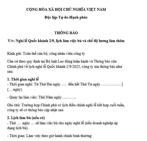 Mẫu thông báo thời gian nghỉ lễ Quốc Khánh 2 9, lịch làm việc bù và chế độ trả lương khi làm thêm trong dịp lễ dành cho công ty