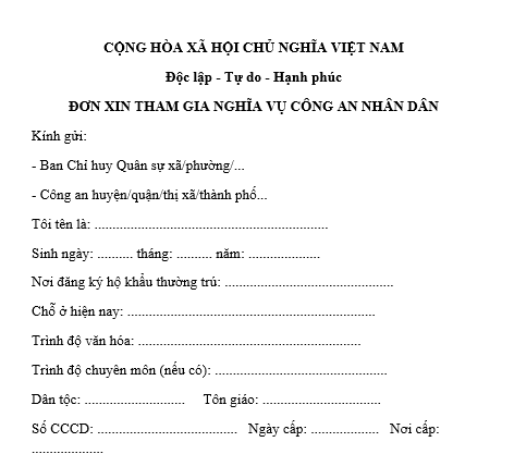 Mẫu đơn xin đi nghĩa vụ công an nữ
