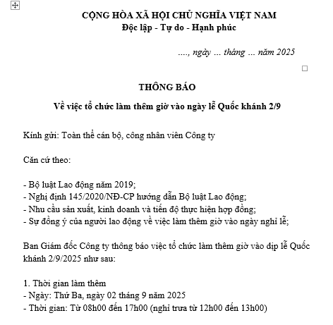 Mẫu thông báo về việc tổ chức làm thêm giờ ngày lễ Quốc khánh 2 9