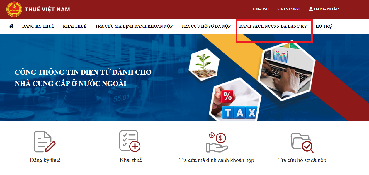 Bước 2: Nhấp vào “Danh sách NCCNN đã đăng ký” (Tiếng Việt) hoặc “LIST OF REGISTERED FOREIGN PROVIDERS” (Tiếng Anh).