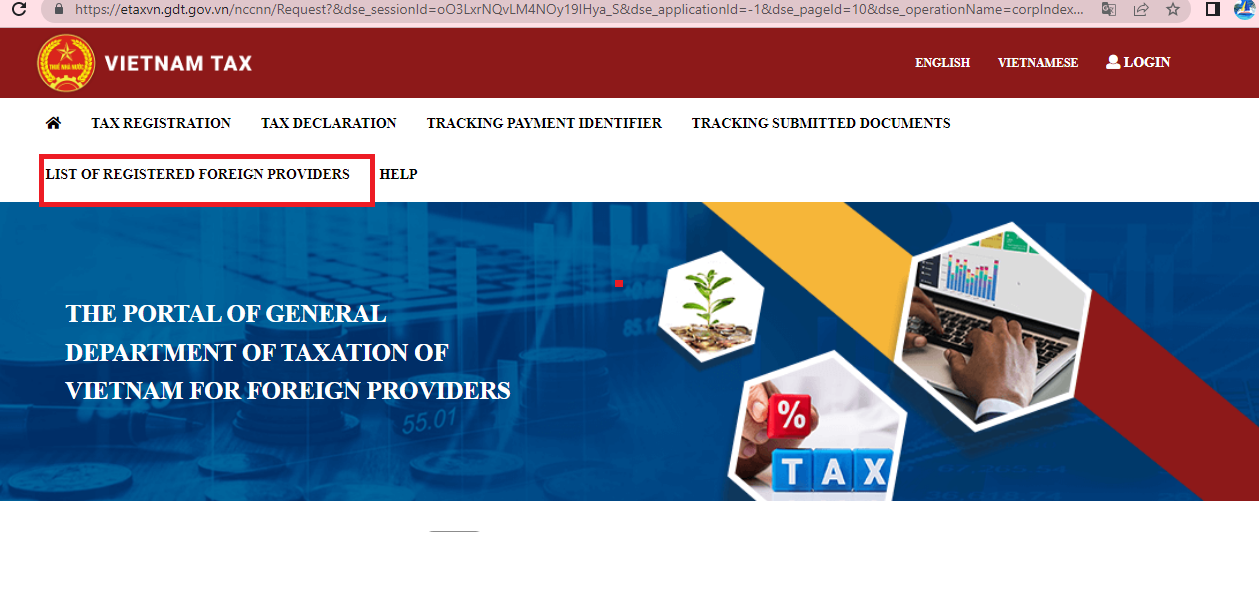 Nhấp vào “Danh sách NCCNN đã đăng ký” (Tiếng Việt) hoặc “LIST OF REGISTERED FOREIGN PROVIDERS” (Tiếng Anh).