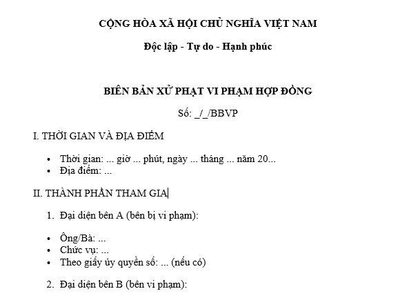 Mẫu biên bản phạt vi phạm hợp đồng