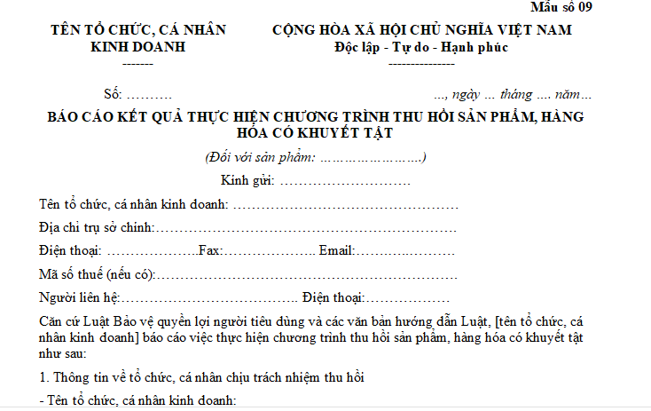  Báo cáo kết quả thực hiện chương trình thu hồi sản phẩm, hàng hóa có khuyết tật