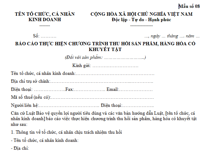 Mẫu báo cáo thực hiện chương trình thu hồi sản phẩm, hàng hóa có khuyết tật