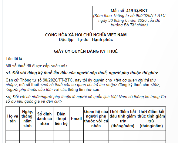 Mẫu Giấy ủy quyền đăng ký thuế lần đầu của người nộp thuế, người phụ thuộc từ 01/7/2026