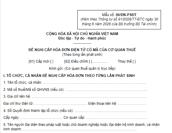  Mẫu số 06/ĐN-PSĐT đề nghị cấp hóa đơn điện tử có mã của cơ quan thuế