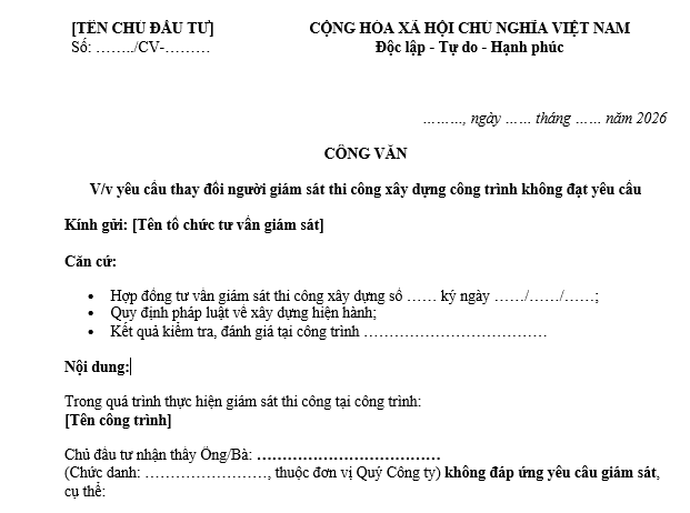 Mẫu văn bản yêu cầu thay đổi người giám sát thi công xây dựng công trình không đạt yêu cầu 2026 gửi tổ chức tư vấn