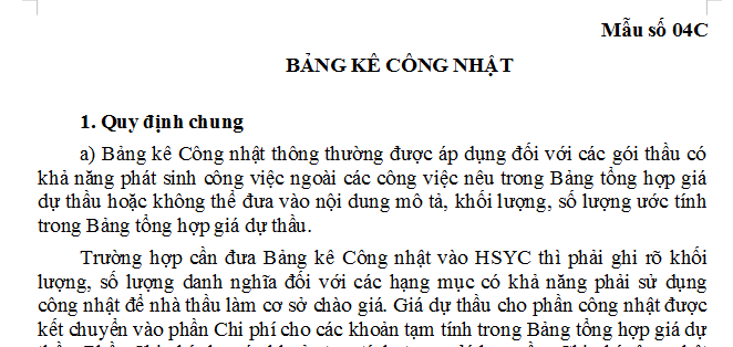 Mẫu bảng kê Công nhật dùng trong hồ sơ yêu cầu gói thầu PC từ 9/9/2026 là mẫu nào? Nhân công tính theo Công nhật thế nào? 